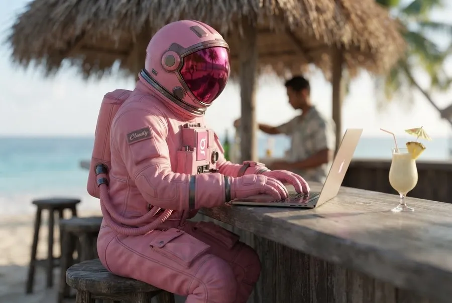 Astronauta atendiendo a una persona en un mostrador