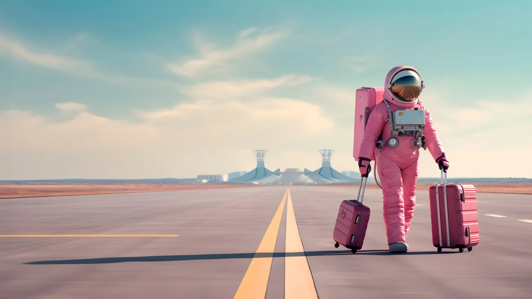 Astronauta caminando por una pista de aeropuerto con dos valijas
