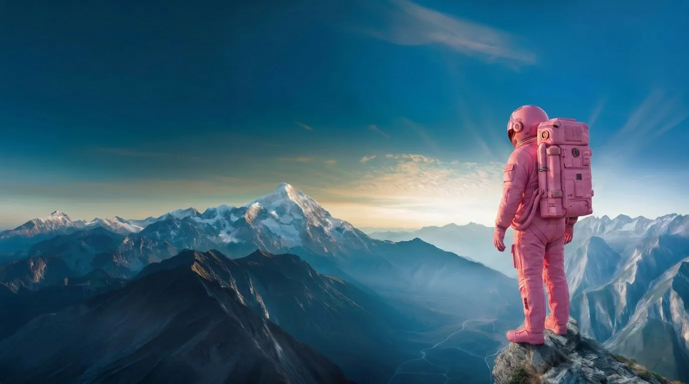 Astronauta con mochila de viaje sobre la cima de una montaña al amanecer